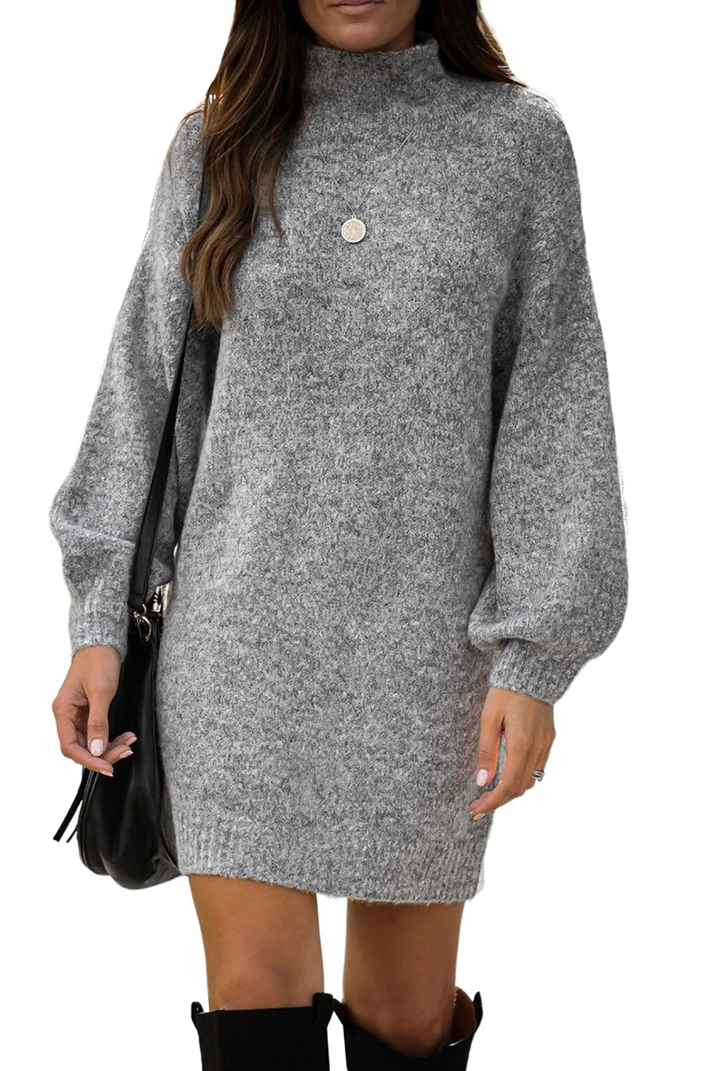 Amor Mock Neck Lantern Sleeves Sweater Dress