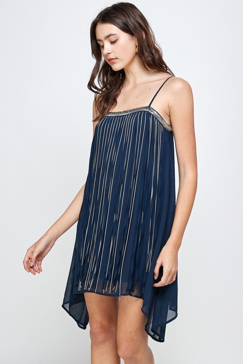 Flowy Sleeveless Mini Dress with Metallic Accents