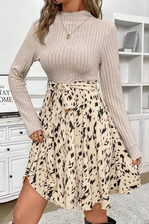 Tied Printed Mock Neck Long Sleeve Dress