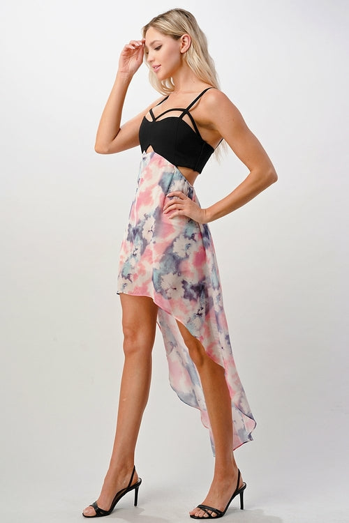 Mi Reina Strappy Bodice Tie-Dye High-Low Dress