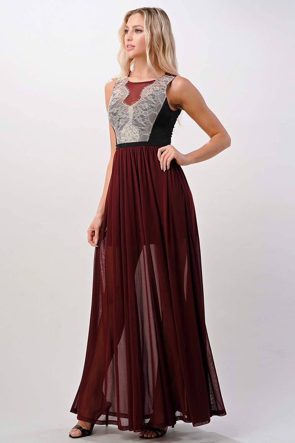 Elegant Sheer Maxi Dress with Lace Bodice and Flowing Skirt