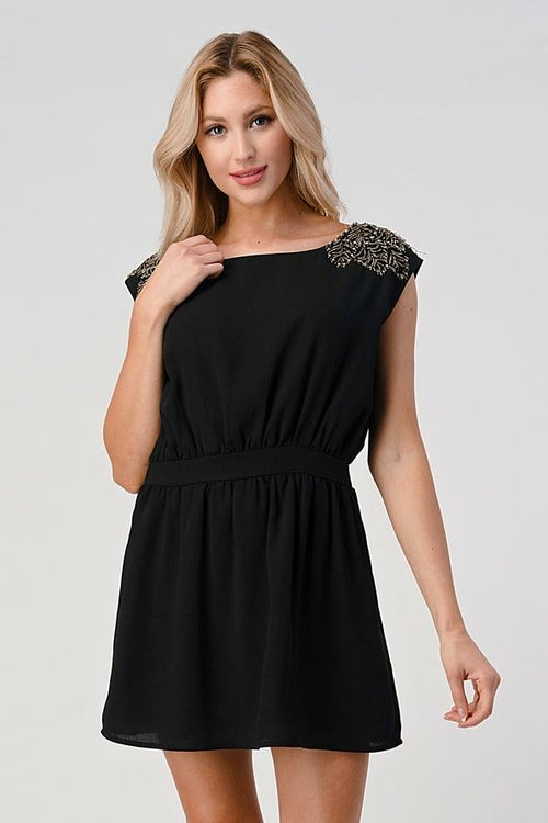 Embellished Shoulder Mini Dress – Timeless Elegance