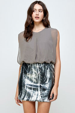 Sequin Skirt with Sleeveless Blouson Dress – Glamorous Look