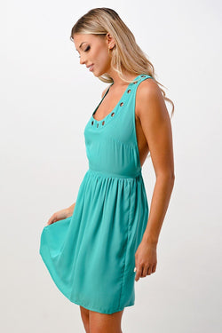 Sleeveless A-Line Dress with Grommet Detail