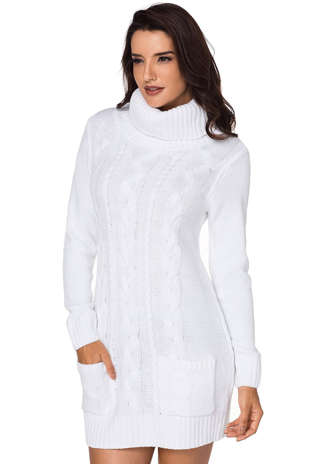 Mi Reina White Cowl Neck Pocket Cable Knit Sweater Dress