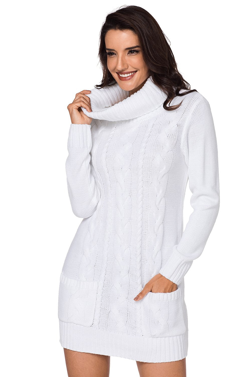 Mi Reina White Cowl Neck Pocket Cable Knit Sweater Dress