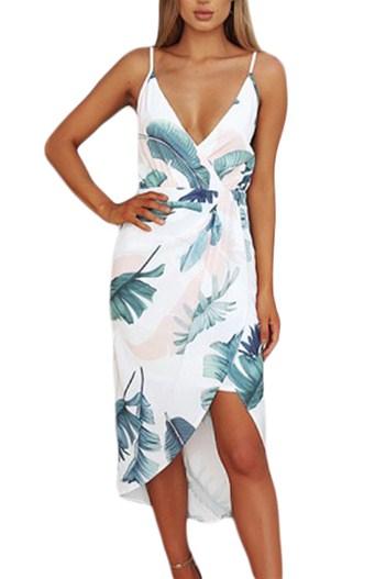 Mi Reina White Green Leaves Print Spaghetti Strap Boho Dress