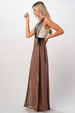 Elegant Sheer Maxi Dress with Lace Bodice and Flowing Skirt