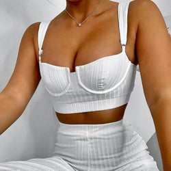 Mi Reina White Two Piece Set Women Knitted Tracksuit Sleeveless Strapless Crop