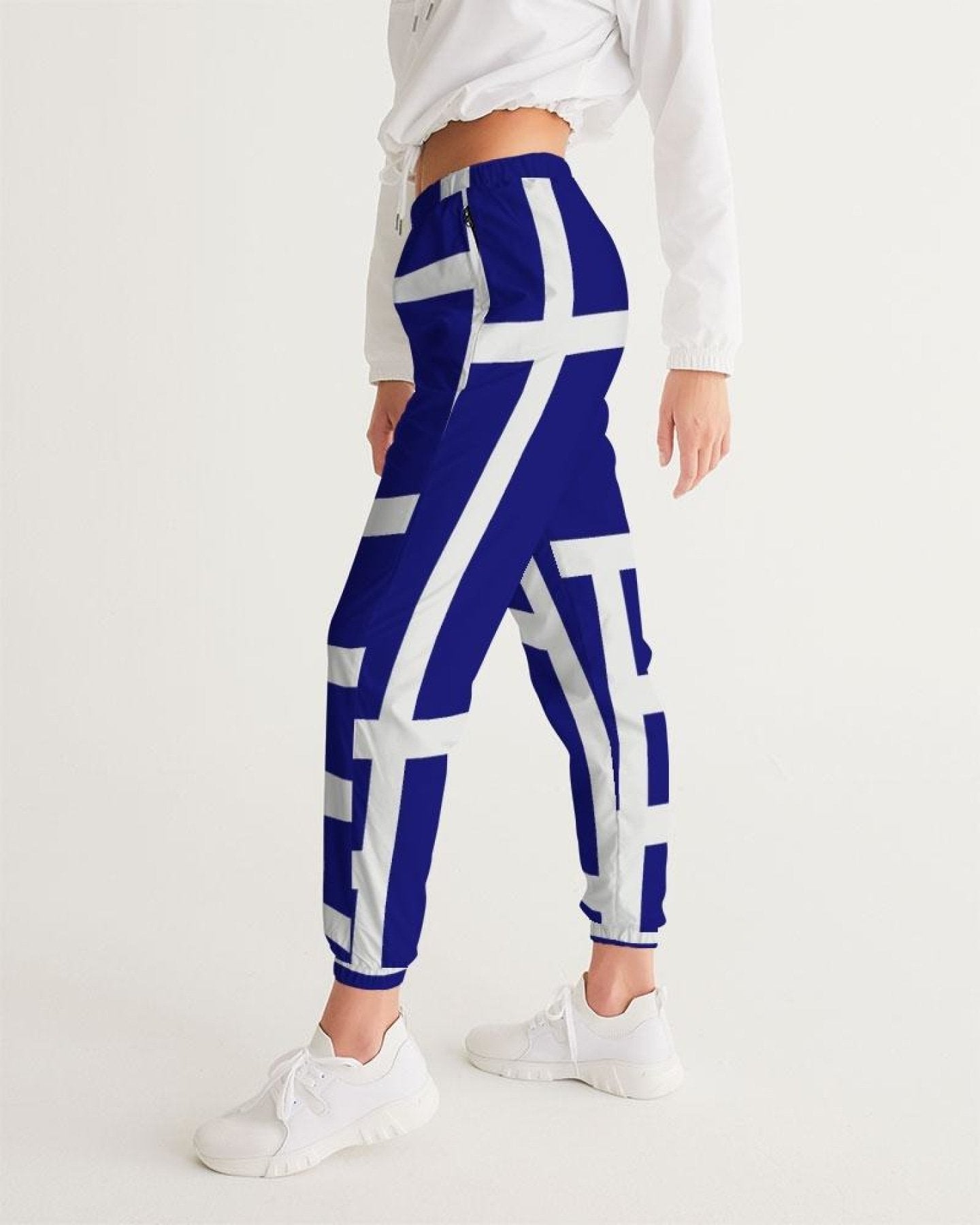 Mi Reina Womens Track Pants - Blue & White Block Grid Sports Pants