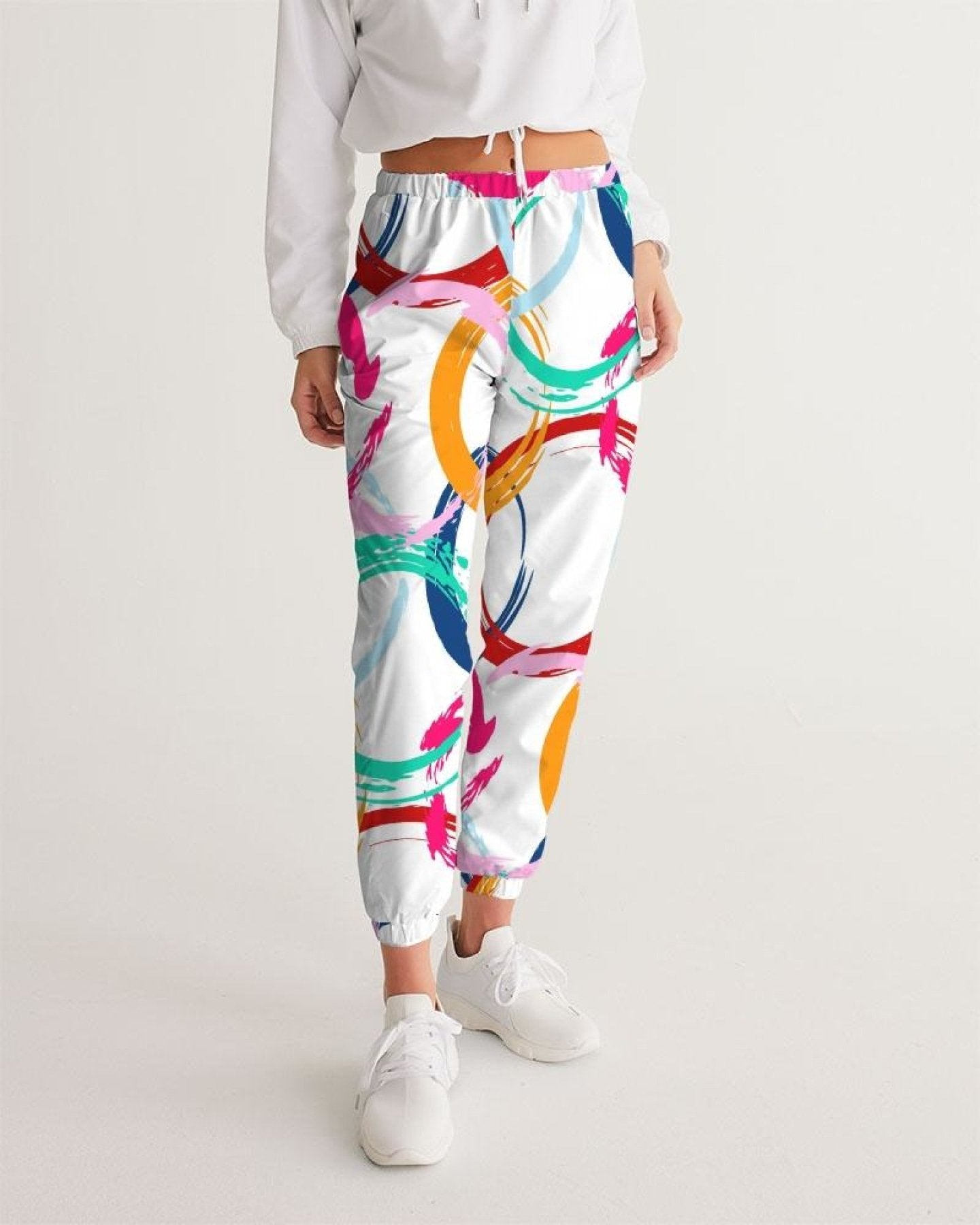 Womens Track Pants - White Multicolor Circular Graphic Sports Pants