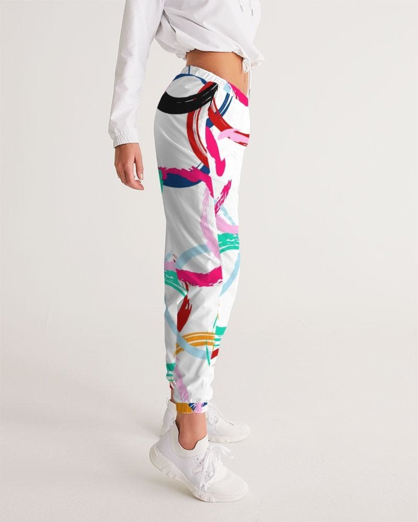 Womens Track Pants - White Multicolor Circular Graphic Sports Pants