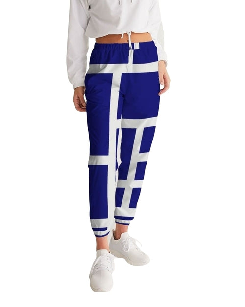 Mi Reina Womens Track Pants - Blue & White Block Grid Sports Pants